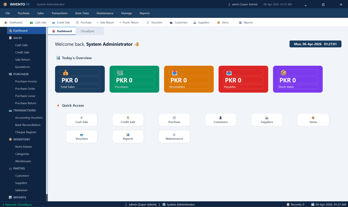 Invento PK desktop software: Dashboard for point of sale and inventory
