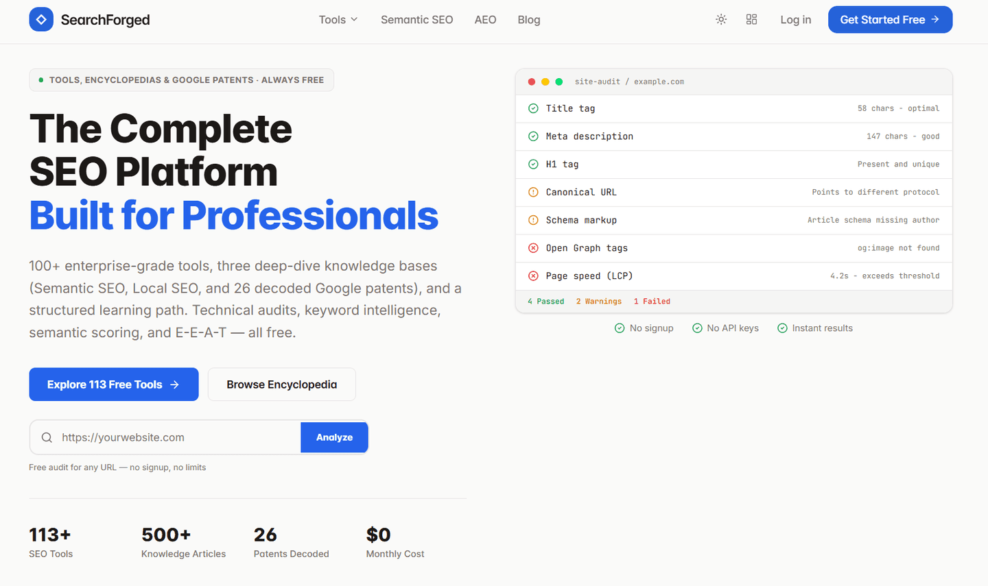 SearchForged website design: Platform for SEO tools and learning resources