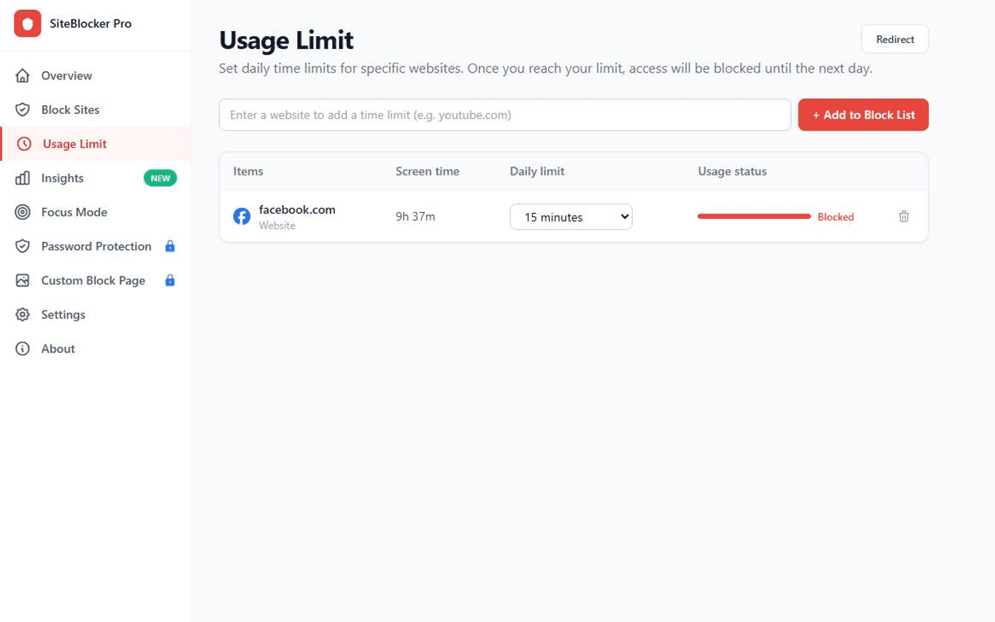 SiteBlocker Pro browser extension: Blocks websites and sets daily usage limits
