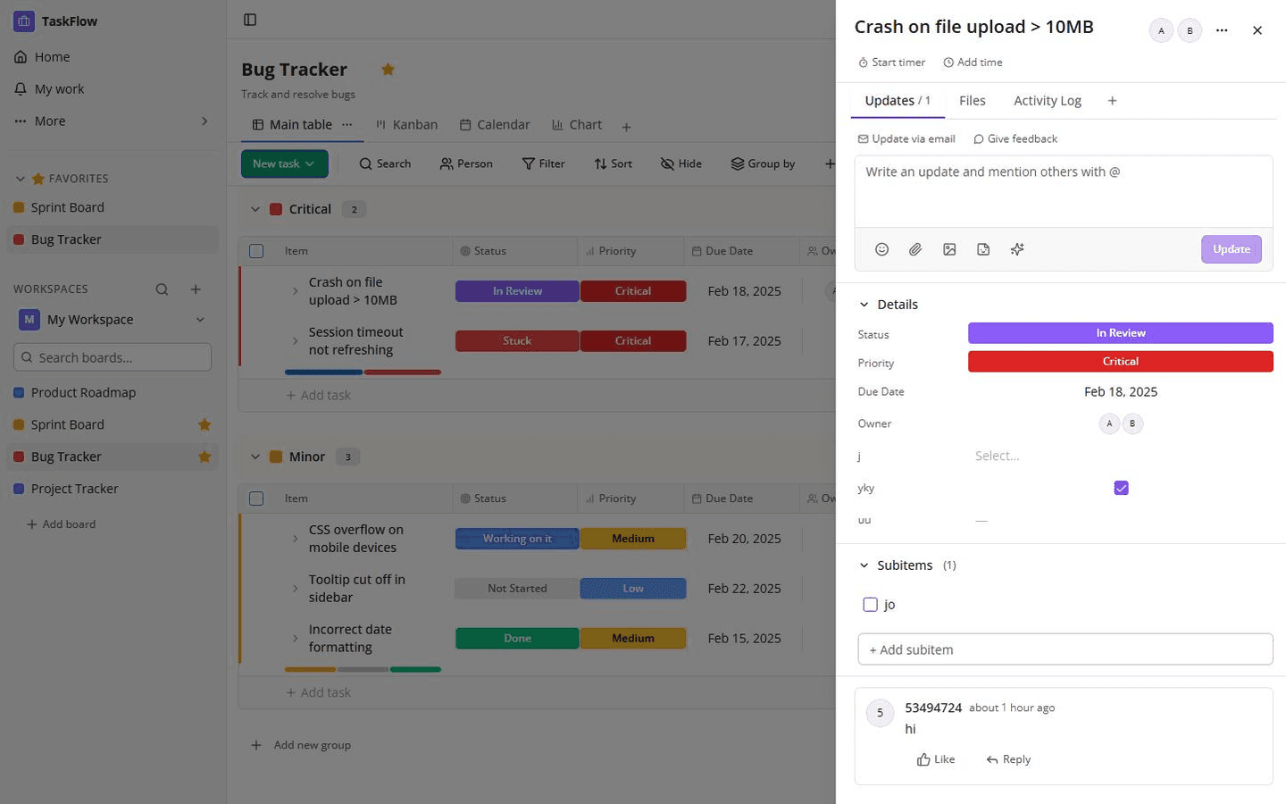 TaskFlow web application: Board for project management and bug tracking